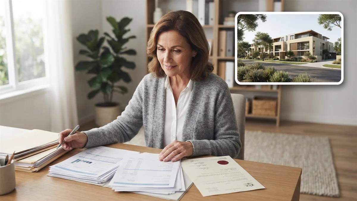 An accountant reviewing superannuation fund statements with a property title alongside